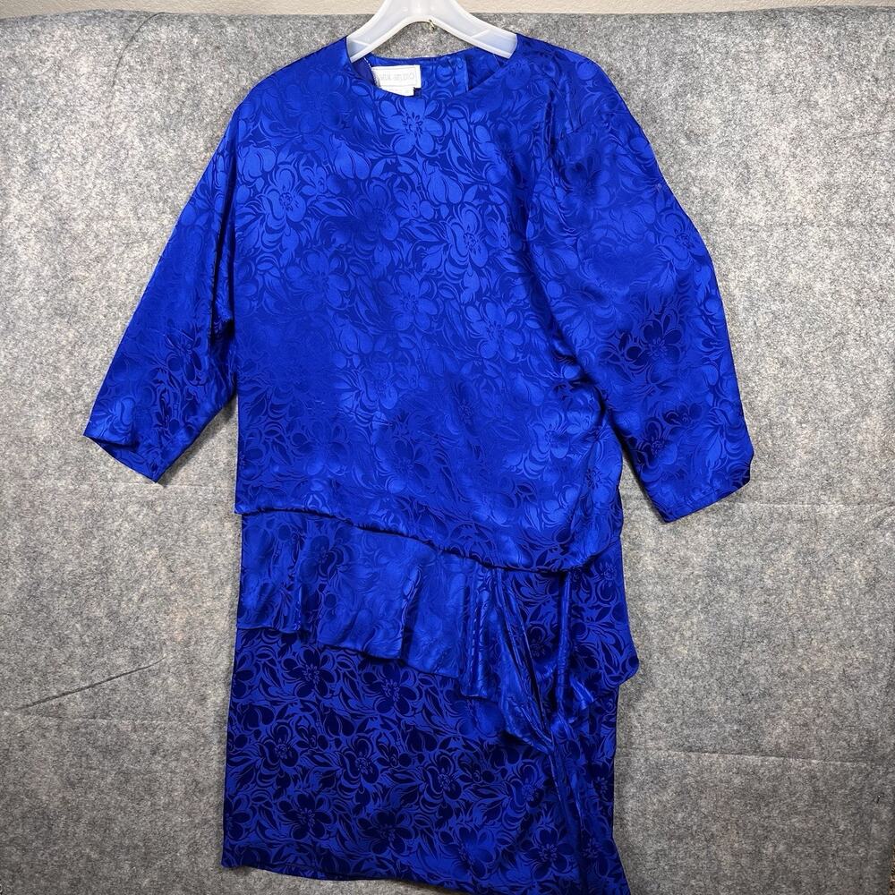 Vintage Silk Studio Cocktail Party Drop Waist‎ Midi Dress Long Sleeve Blue Sz.12